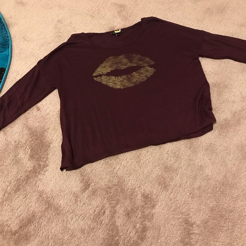 Lane Bryant Burgundy Long Sleeve Tee with Gold Lips